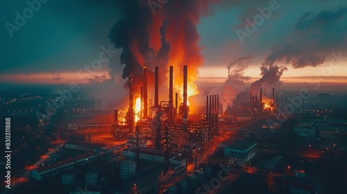 Aerial view of industrial area at dusk with smokestacks emitting flames and smoke  symbolizing heavy industry impact.