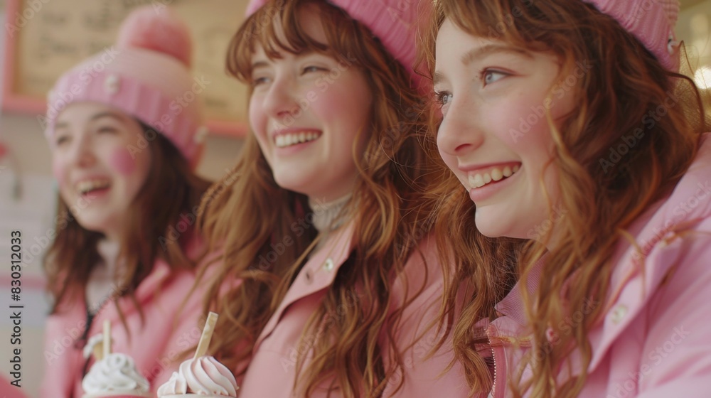 Teenage girls in pink outfits smiling while ordering at an ice cream truck with a cheerful expression. Teenage girls in pink outfits smiling while ordering at an ice cream truck with a cheerful expression.