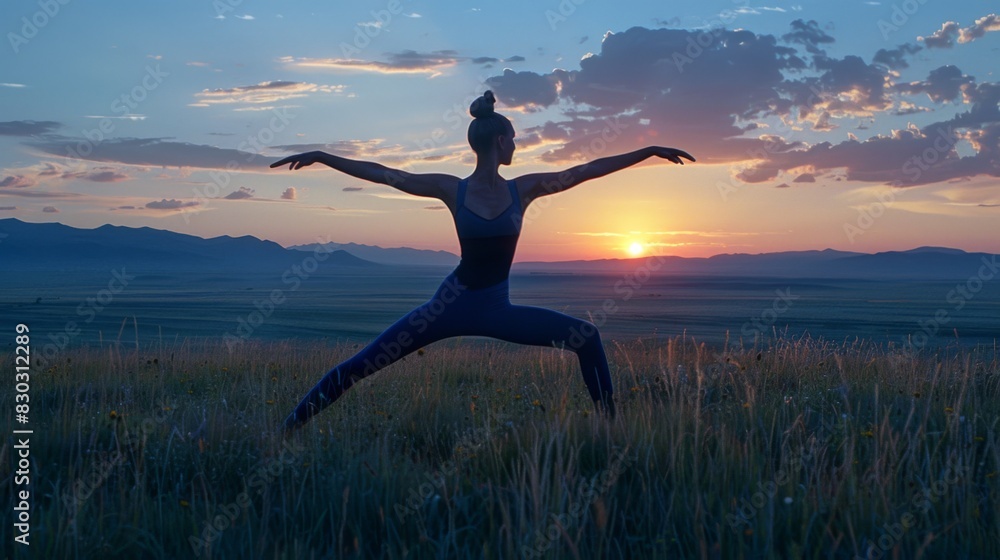 A silhouette of a contemporary dancer stretching at sunset in a field against a beautiful sky. A silhouette of a contemporary dancer stretching at sunset in a field against a beautiful sky.