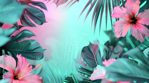 Tropical flowers and leaves background. Vibrant pink and aqua blue gradient colors. Modern illustration.