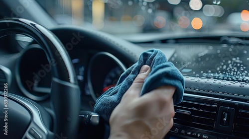 pristine car care meticulous hand wiping dashboard with microfiber cloth for a spotless interior closeup photography photo