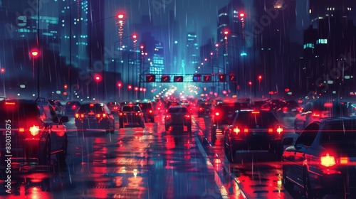 rainy night traffic jam on busy urban highway atmospheric cityscape illustration
