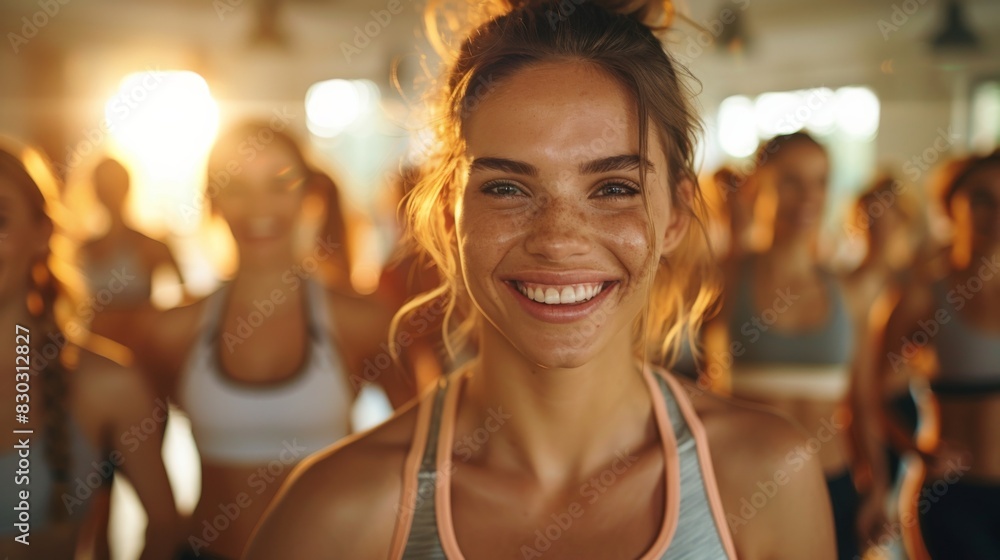 A group of joyful female friends in sportswear sharing a laugh together in a warmly lit room. A group of joyful female friends in sportswear sharing a laugh together in a warmly lit room.