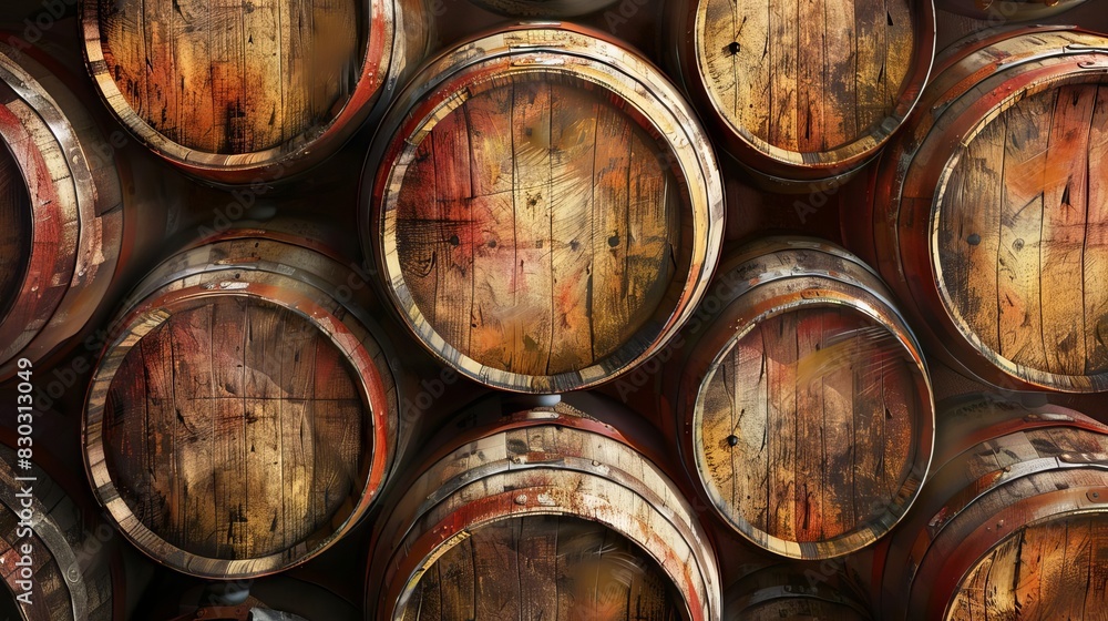 rustic wine barrels stacked in winery cellar closeup capturing aged wood texture and rich history digital painting rustic wine barrels stacked in winery cellar closeup capturing aged wood texture and rich history digital painting