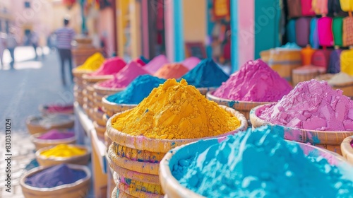 Vibrant powder dyes in baskets line a street in Marrakesh  Morocco  reflecting traditional color markets.