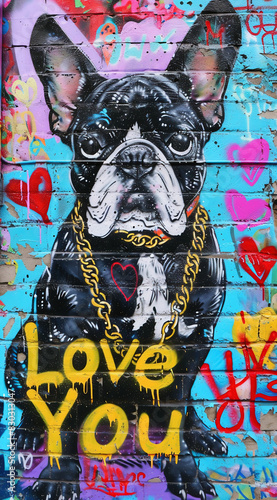 Graffiti wall with an adorable French Bulldog wearing gold chain necklace, background is filled with vibrant street art