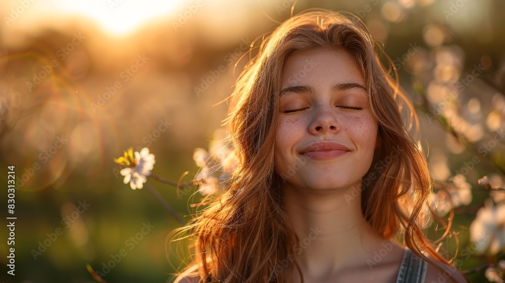 A woman with a serene expression stands with her eyes closed, surrounded by the warm glow of sunlight filtering through cherry blossoms. A woman with a serene expression stands with her eyes closed, surrounded by the warm glow of sunlight filtering through cherry blossoms.