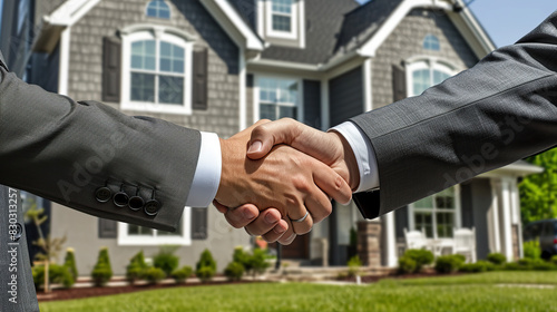 Estate agent shaking hands with his customer after contract signature, Contract document and house model with a house in the background 