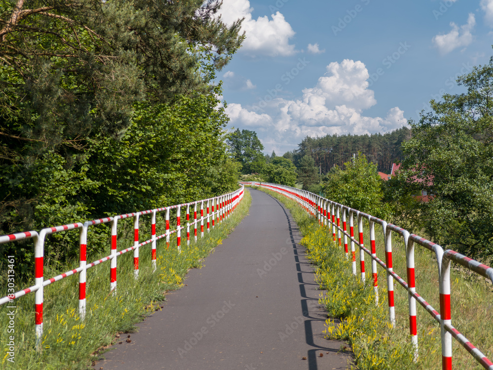 Asphalt bicycle road with parallel barriers. Cycling route between Obrzycko and Oborniki. Summer countryside landscape in Wielkopolska region, Poland.