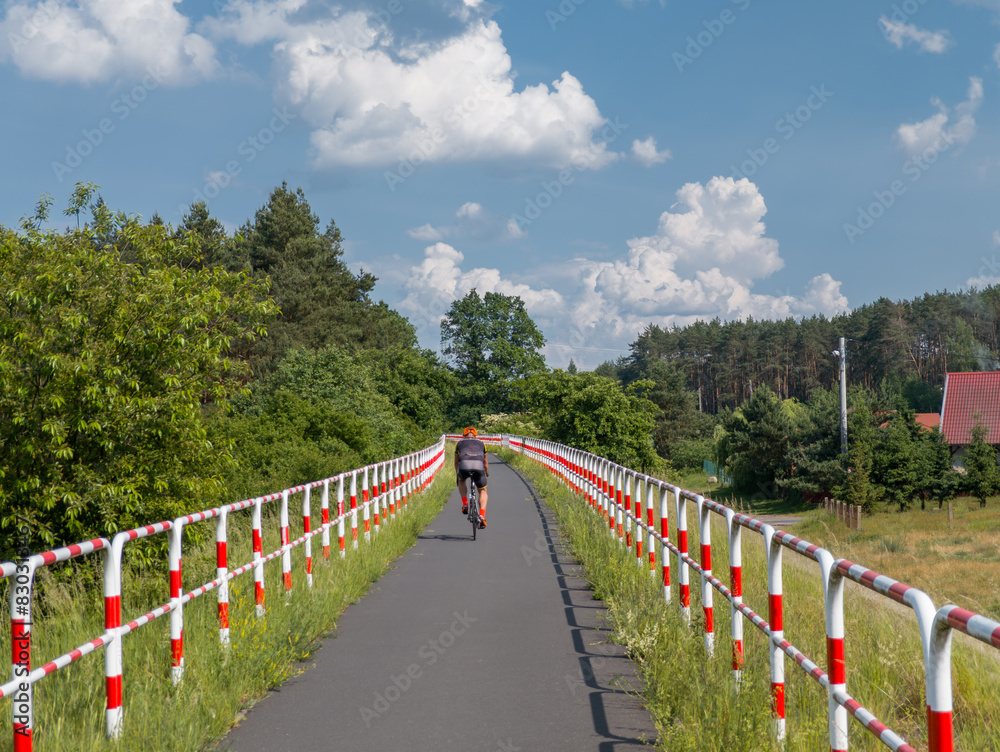 Cyclist on an asphalt bicycle road with colorful red and white parallel barriers. Cycling route between Obrzycko and Oborniki. Summer countryside landscape in Wielkopolska region, Poland.