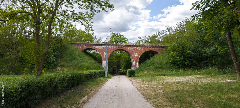 Old railway viaduct of former Szamotuły - Międzychód connection built in 1907-08, local landmark of Nojewo, Poland (Wiadukt kolejowy w Nojewie), Pniewy, Szamotuły, Wielkopolska