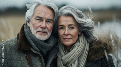 A happy aged couple embracing on the beach with a serene expression, dressed in warm clothes.