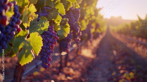 Close-up of ripe grapes in a vineyard at sunset, with warm sunlight bathing the vine rows.