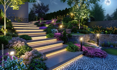 a image of a garden with steps and steps lit up at night