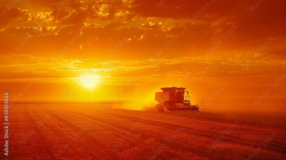 Fototapeta premium A combine harvester works on a farm at sunset with dust trailing, showcasing agriculture.