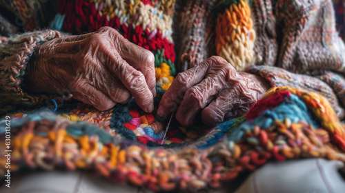 Vibrant Threads: Senior Crafting a Kaleidoscopic Blanket photo