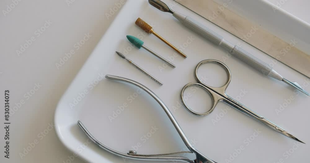 Professional manicure instruments on white table in beauty salon ready for use. Necessary tools for making clients nails well-groomed and ready for covering with polish. Nail care tools. Professional manicure instruments on white table in beauty salon ready for use. Necessary tools for making clients nails well-groomed and ready for covering with polish. Nail care tools.