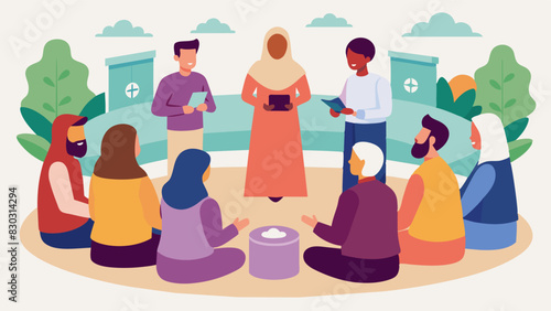 A local community center hosting a monthly interfaith dialogue circle welcoming all to come share their beliefs and learn from one another in a safe and welcoming environment.. Vector illustration