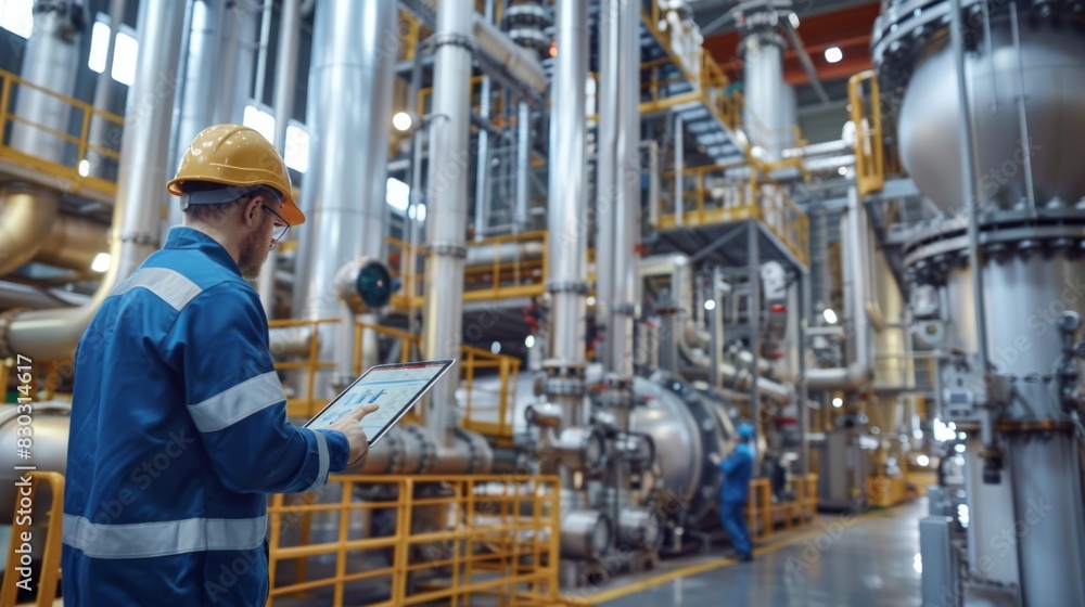 Male engineer in hard hat using digital tablet in industrial plant with machinery. Male engineer in hard hat using digital tablet in industrial plant with machinery.
