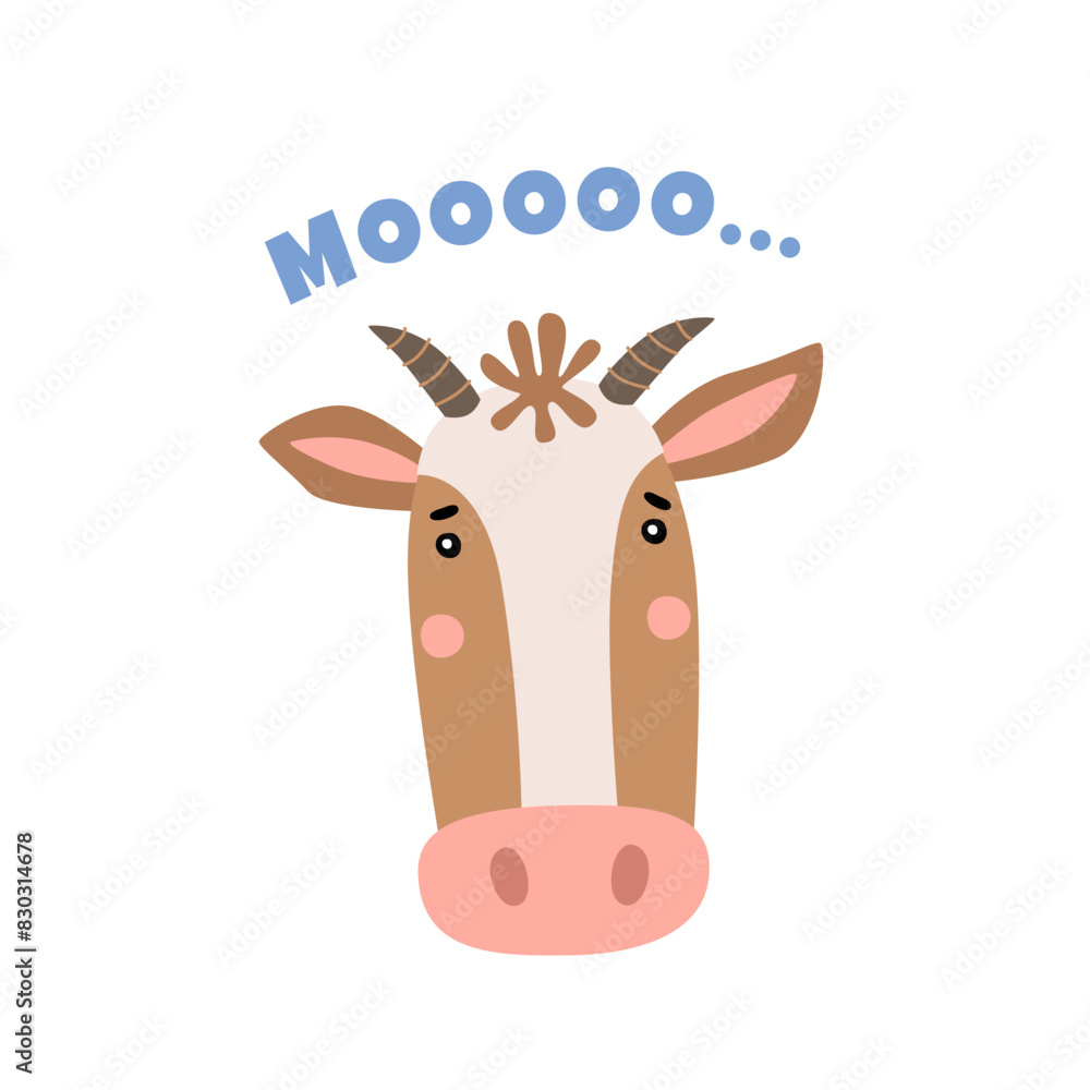 Head of a funny cow on a light isolated background. Cute animal mooing vector illustration. Design template for books, cards, invitations, children`s textiles. Head of a funny cow on a light isolated background. Cute animal mooing vector illustration. Design template for books, cards, invitations, children`s textiles.