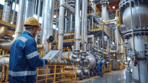 Male engineer in hard hat using digital tablet in industrial plant with machinery.
