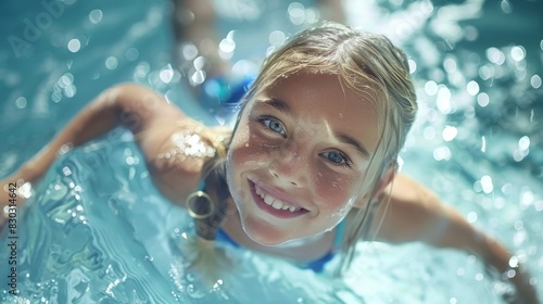 A young girl swimming in clear blue water  smiling at the camera.