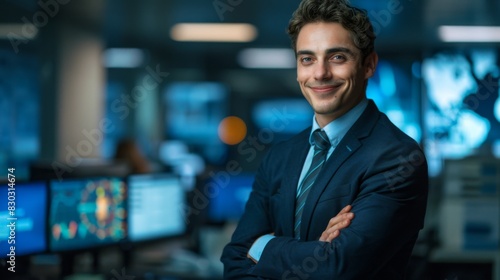 Confident smiling businessman in a suit inside an office with multiple computer screens in the background.