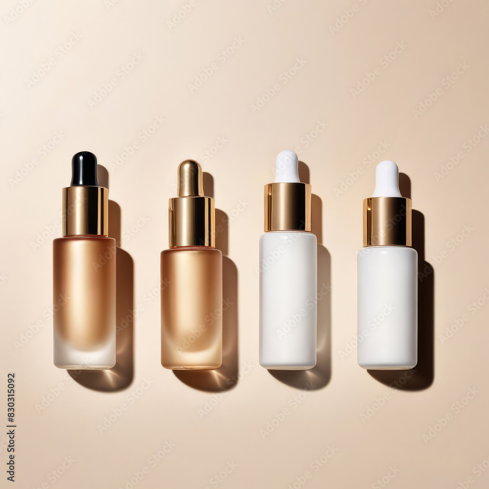 Set of skin care serum in dropper bottles in beige and white colors on beige background. Blank mockup, cosmetics presentation. Sun care products. AI Generative Set of skin care serum in dropper bottles in beige and white colors on beige background. Blank mockup, cosmetics presentation. Sun care products. AI Generative