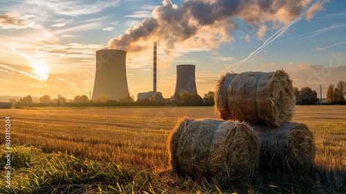 straw bales stacked in front of niederaussem power station renewable energy concept photograph photo