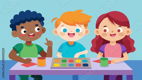 A rainbow of paint palettes tered around a table as the children excitedly choose their colors for their next project.. Vector illustration