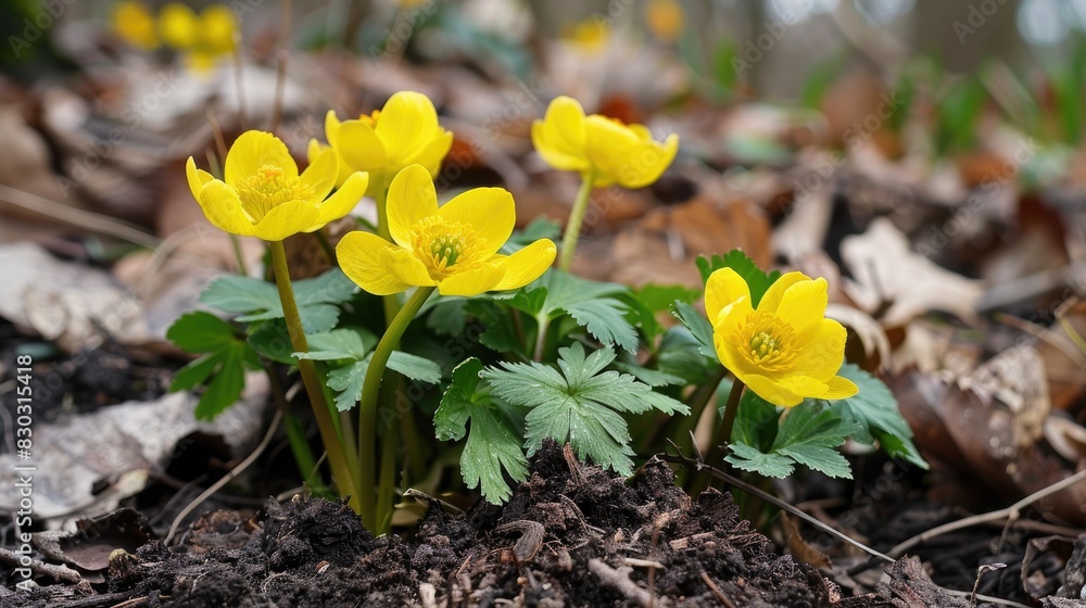 Bright Yellow Spring Blossoms Flourishing Among Green Leaves and Earthy Soil Bright Yellow Spring Blossoms Flourishing Among Green Leaves and Earthy Soil