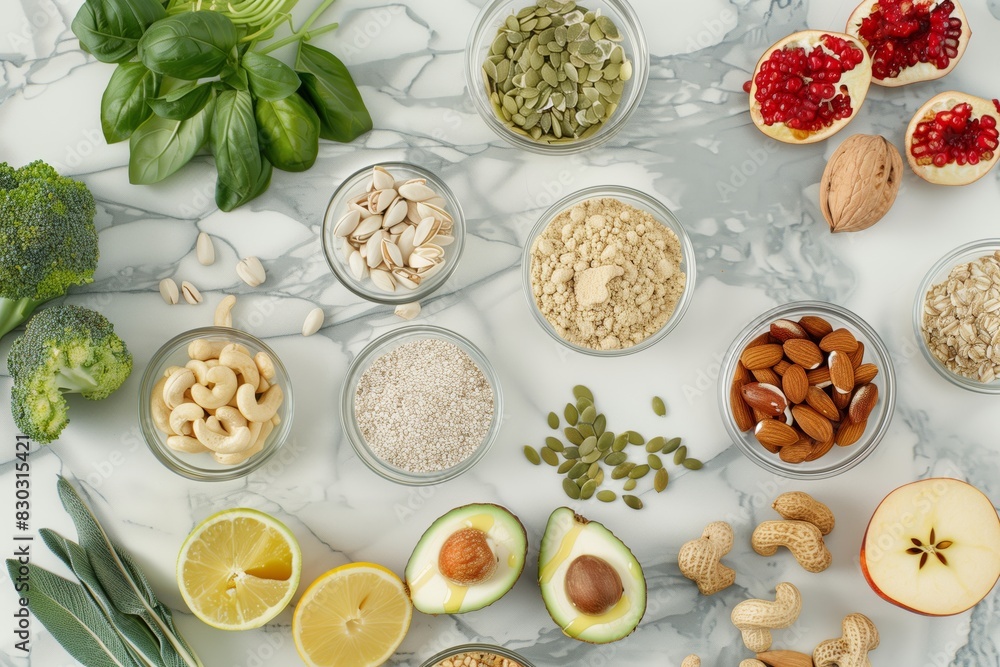 Nutritious Ingredients: Fruits, Vegetables, Nuts, Seeds on Marble Table Nutritious Ingredients: Fruits, Vegetables, Nuts, Seeds on Marble Table