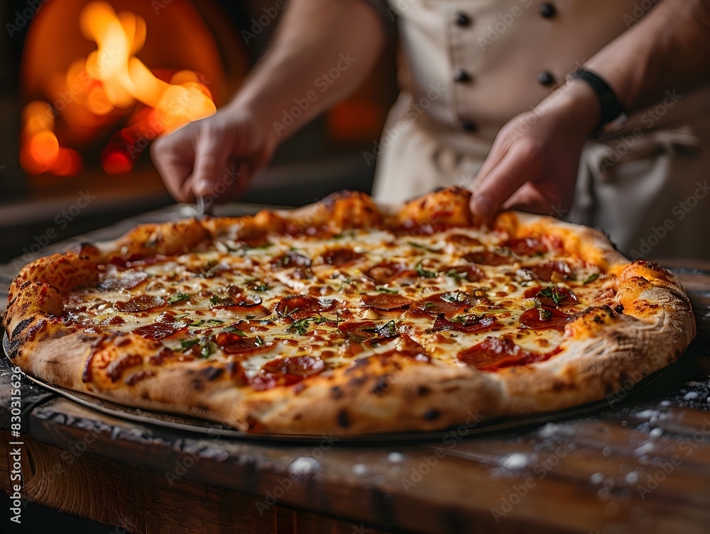 Freshly Baked Gourmet Pizza Emerging from the Brick Oven Expertly Crafted by a Skilled Chef in an Authentic Culinary Setting Freshly Baked Gourmet Pizza Emerging from the Brick Oven Expertly Crafted by a Skilled Chef in an Authentic Culinary Setting
