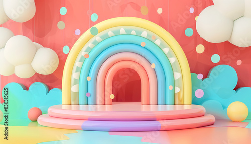 Colorful Abstract Geometric Shapes With 3d Podium And Cute Rainbow Design: Ideal For Displaying Kids' Products In A Fun And Eye-Catching Way. © Andrii