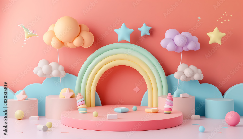 Simple 3d Rendering Podium Scene For Children'S Or Baby Products With Soft Pastel Background Simple 3d Rendering Podium Scene For Children'S Or Baby Products With Soft Pastel Background