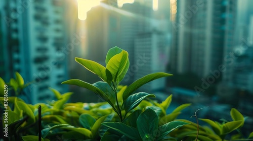 urban ecology concept vibrant green plants thriving in concrete jungle cityscape photo