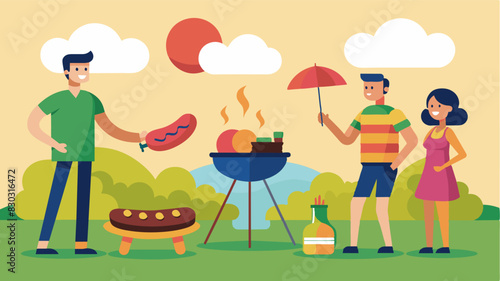 The smell of grilled burgers and hot dogs wafting through the air as neighbors take turns manning the barbecue.. Vector illustration photo