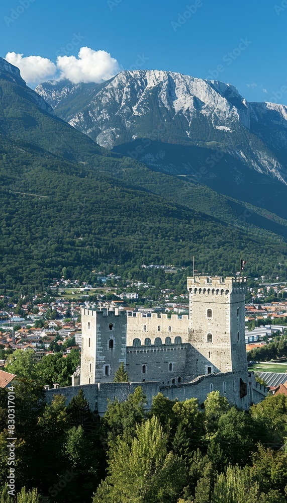 Obraz premium Timeless grandeur medieval castle dominates village with majestic turrets and battlements