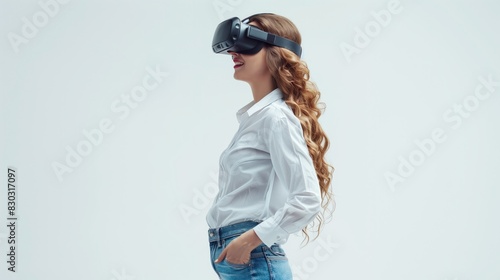 Young woman wearing virtual reality goggles on white background, 3d rendering © Katsiaryna