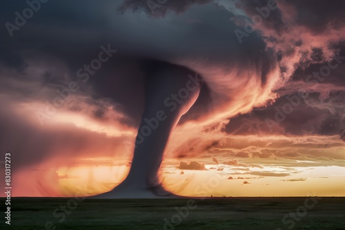 Raw energy and beauty of a tornado against fiery sunset and stormy clouds photo