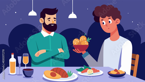 At a dinner party the man avoids certain foods but his partner gently reminds him that its okay to indulge in moderation and that his worth is not determined by what he eats.. Vector illustration