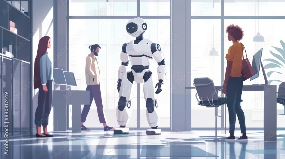 Concept illustration of a humanoid robot interacting with humans in a modern office Concept illustration of a humanoid robot interacting with humans in a modern office
