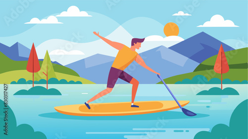 A man paddle boarding on a calm lake taking breaks to do some gentle stretches and core exercises on the board.. Vector illustration