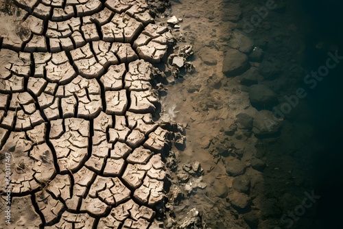 Cracked and dry land meets murky water, reflecting the reality of water scarcity