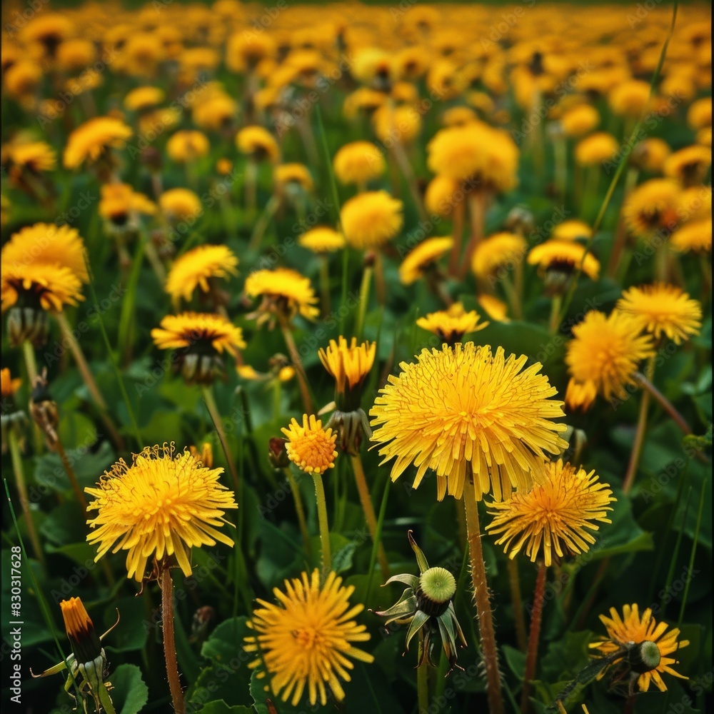 Close up blooming yellow dandelions. Spring and summer background Close up blooming yellow dandelions. Spring and summer background