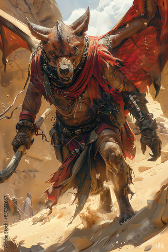 intimidating anthropomorphic demon warrior, jackal head, wings, desert, red cape.