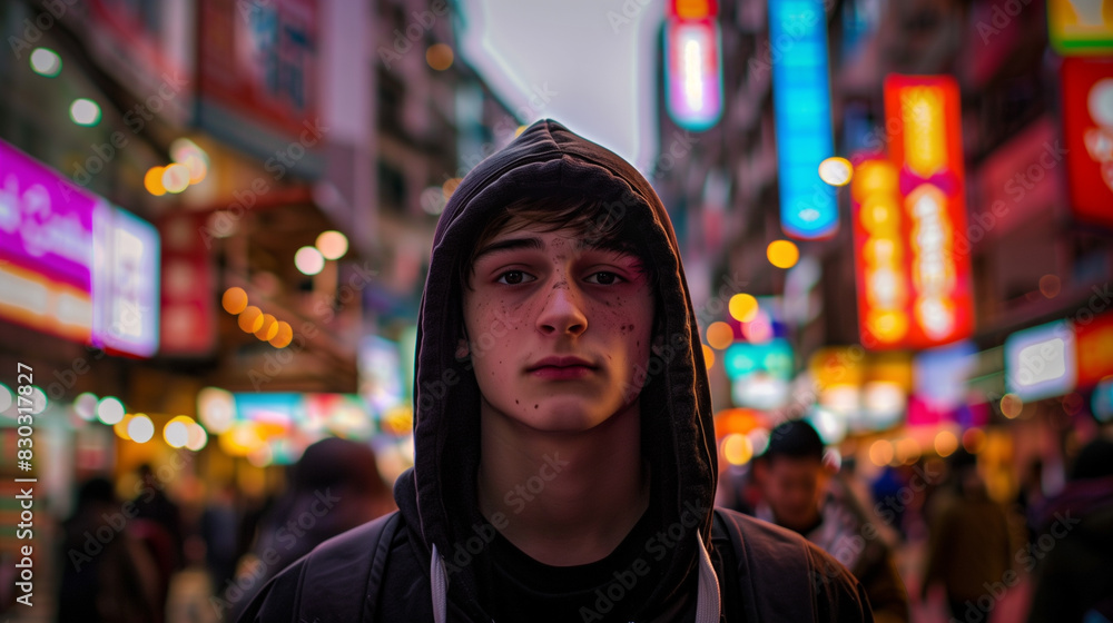 homeless young man among the street with blurred cityscape in the background homeless young man among the street with blurred cityscape in the background