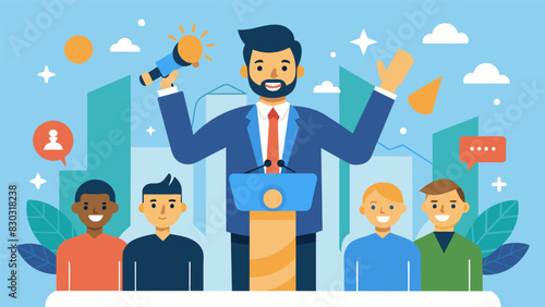 A selfmade entrepreneur talks about the challenges and rewards of starting a business and being your own boss.. Vector illustration