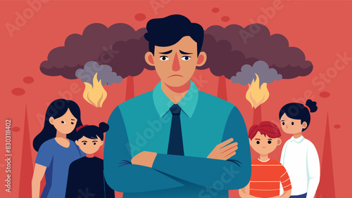 A man feels immense pressure to provide for his family even if it means sacrificing his own mental wellbeing. He believes that asking for help or taking a break is not an option. Vector illustration