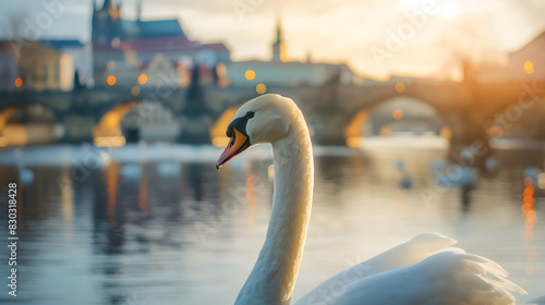 Swan on the Vltava river with Prague bridges and castle in the background